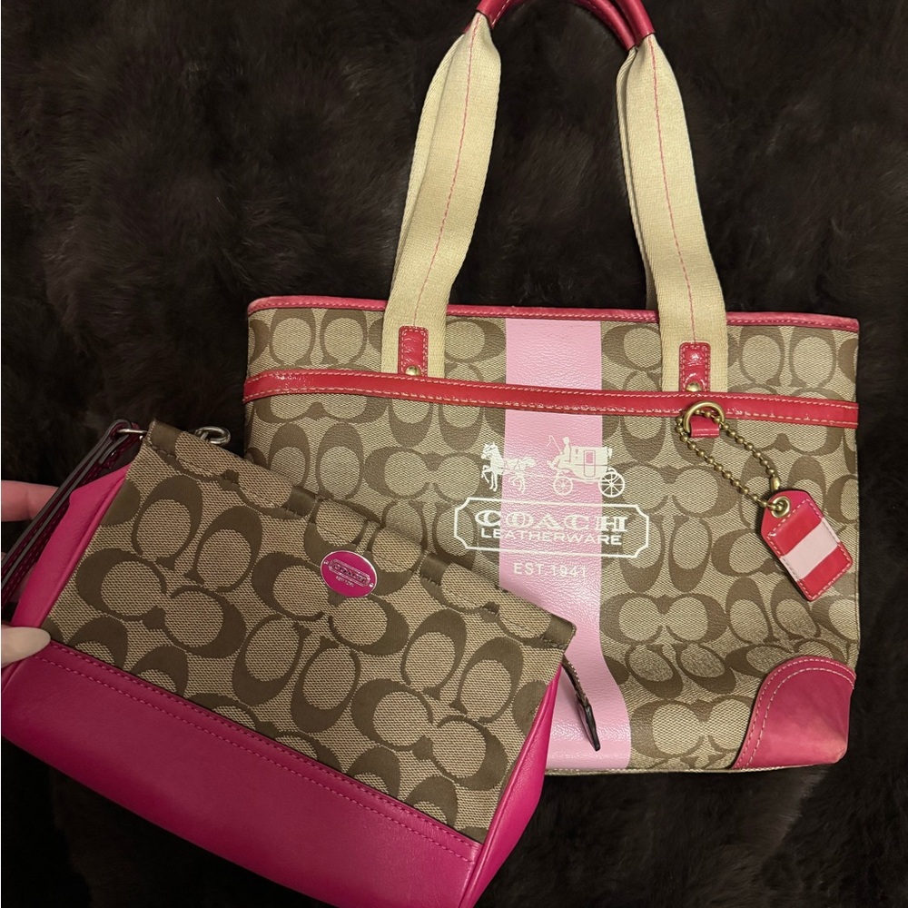 Coach Pink and Tan Signature Tote with Wristlet